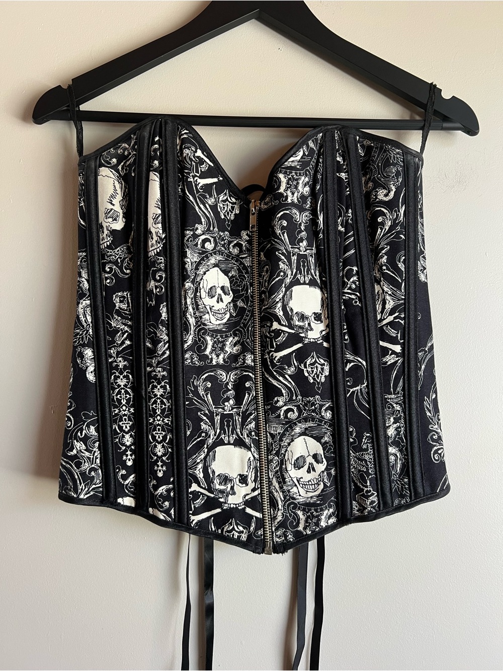 Shirley Of Hollywood Black White Skull Zipper Lace Up Boned Corset Size 34 Small